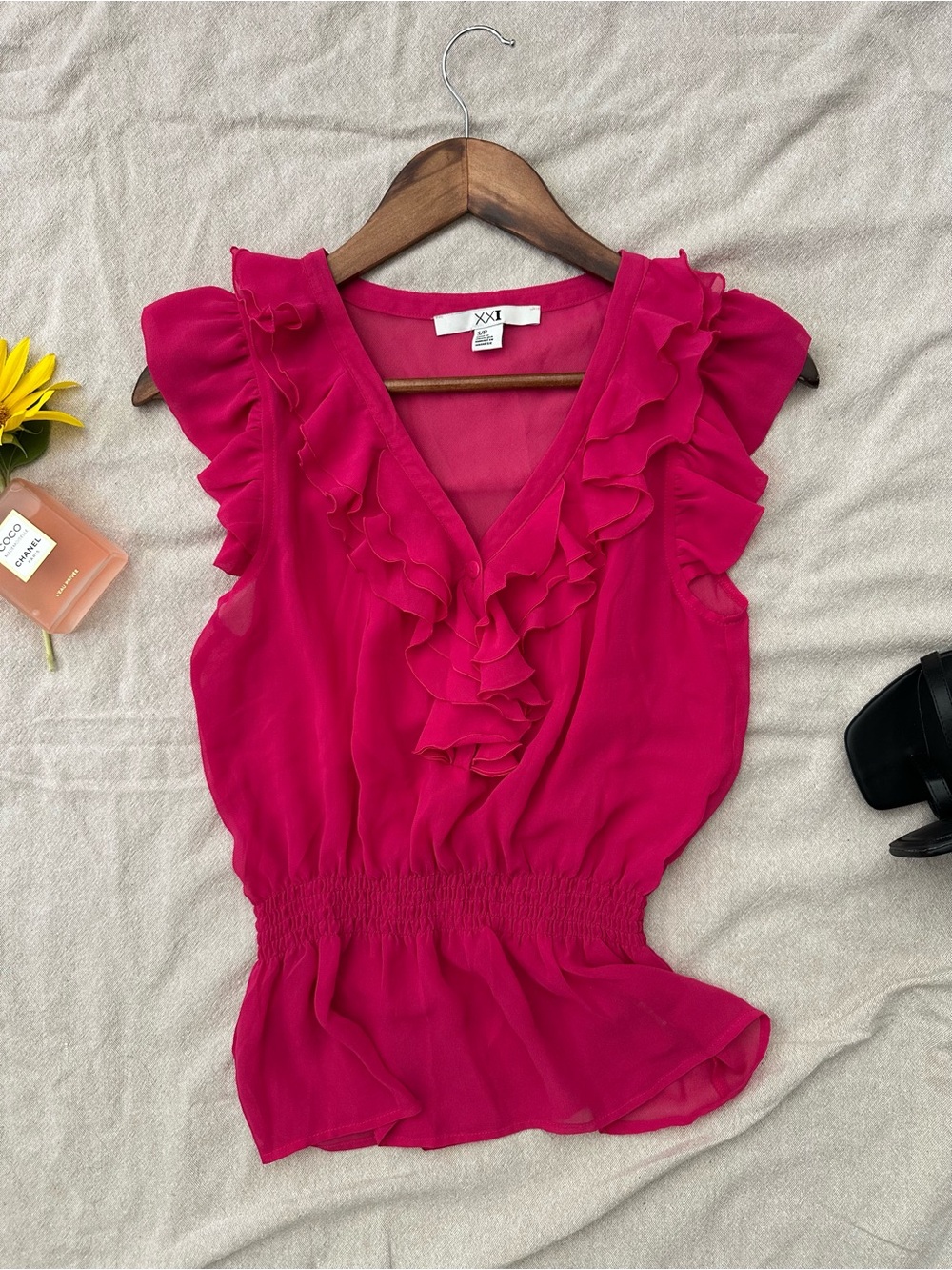 Forever 21 XXI Y2K Hot Pink Sheer Ruffle Peplum Blouse